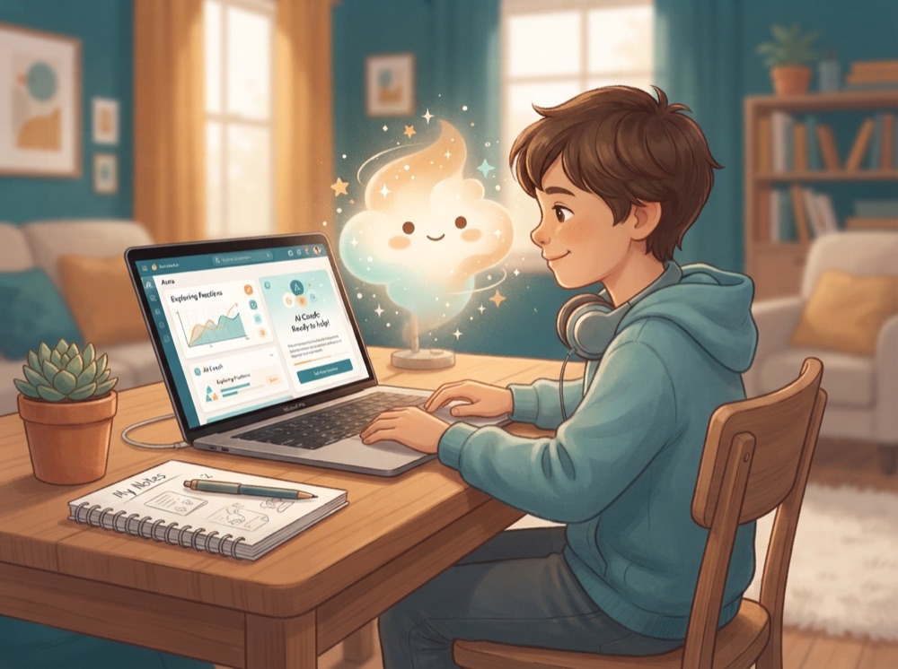 A child at a laptop learning fractions with Zeluu's friendly AI tutor